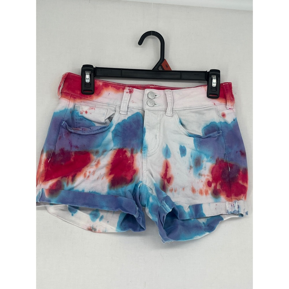Soi Low Rise Midi Tie Dye Denim Shorts Red Blue White Size 9/29W Cuffed Jean